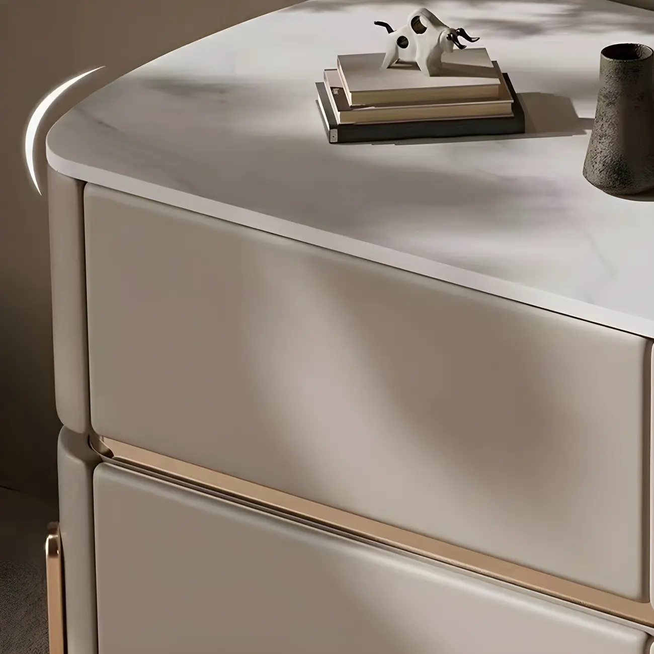 Glam Beige Leather Stone Top 2-Drawer Nightstand