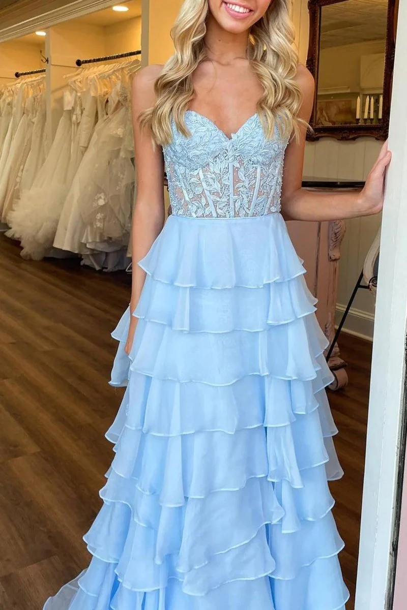 Royal Blue Chiffon Sweetheart Ruffle Tiered Long Prom Dress