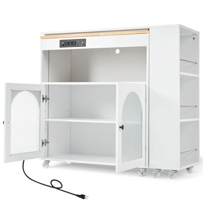 56.3 in. W Kitchen Island with Extended Table, LED Lights and Side 3 Open Shelves