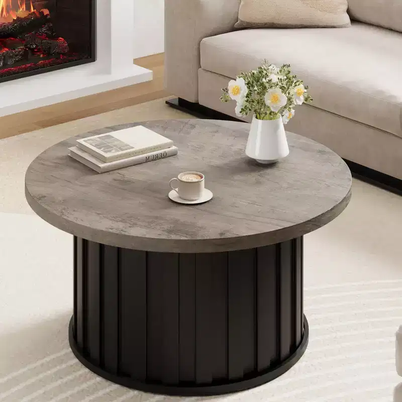 COZONY Round Coffee Table with Fluted Design and Metal Base, Mid-Century Modern Center Table for Living Room Apartment