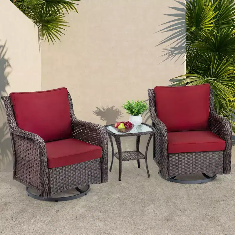 3 Pieces Outdoor Wicker Swivel Rocker Patio Set, 360-Degree Swivel Rocking Chair Elegant Wicker Patio Bistro Set with Tempered Glass Top Side Table