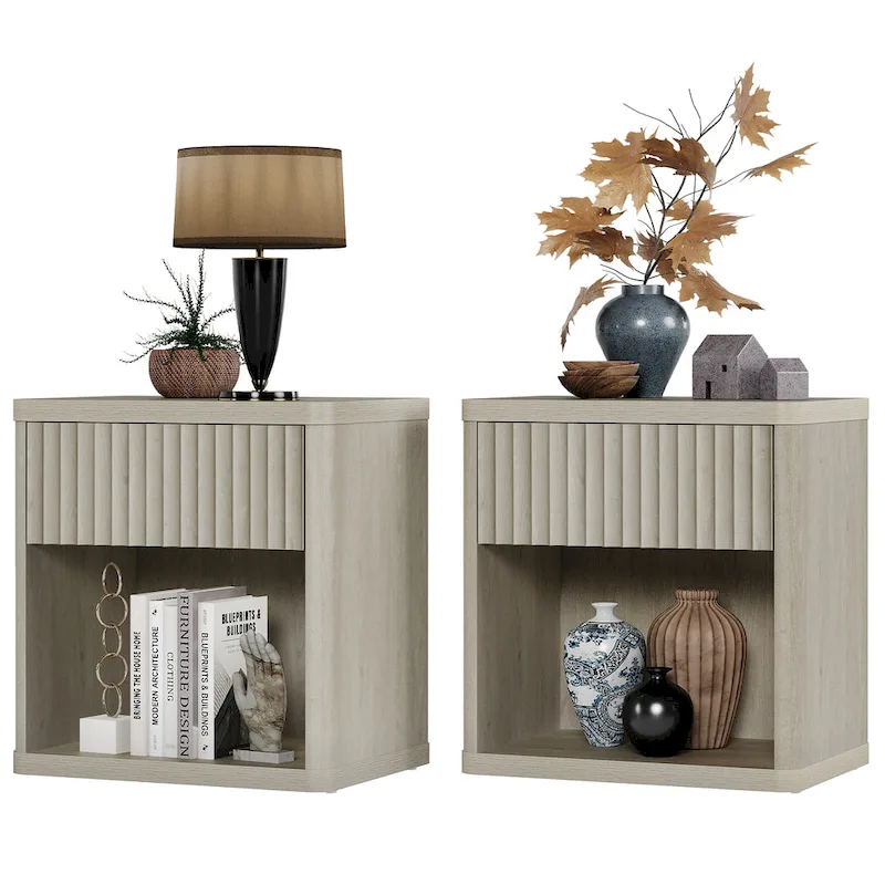 Grey/Black/Beige Fluted Nightstand with Drawer & Open Shelf, Set of 2