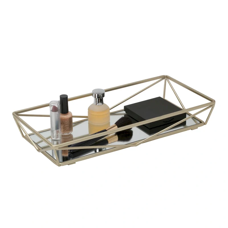 Home Details Geometric Design Mirror Vanity Tray in Gold - 14 x 7 x 2.1