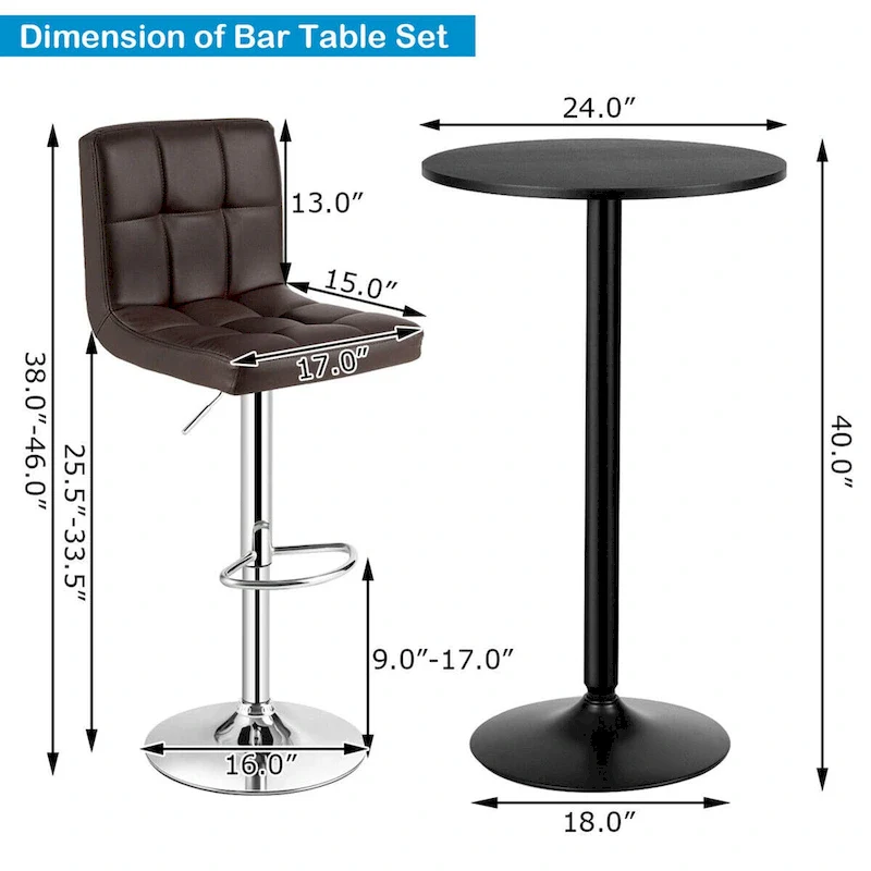 Gymax 3PCS Pub Table Set 24 Round Bar Table & 2 Adjustable Bar
