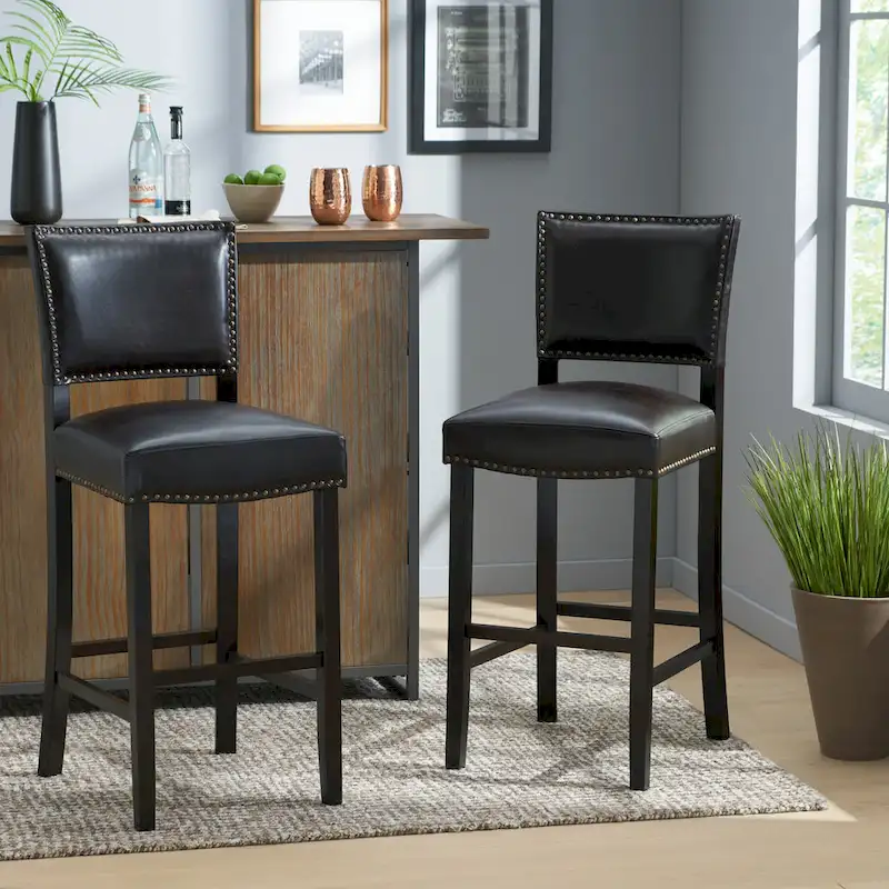 30.5  Modern Bar Stool with Leather Backrest Padded Seat, Nailhead Trim, Solid Wood Legs for Bar Dining Room Living Room Caf