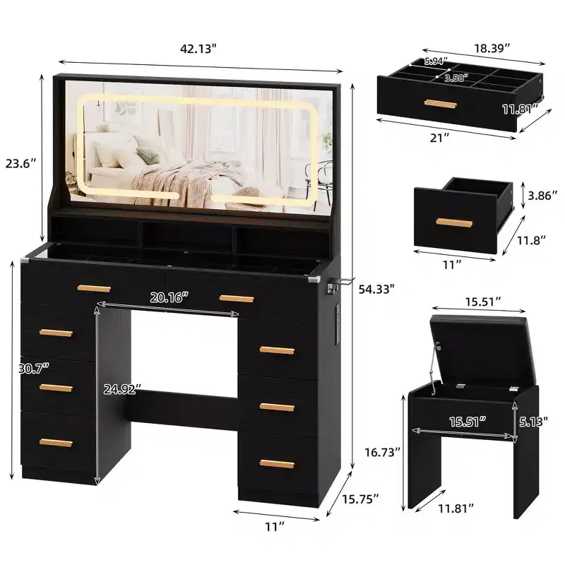 42 Makeup Vanity Desk with LED Mirror & Charging Station, 8 Drawers Dressing Table with Glass Top, Hairdryer Rack & Cushioned Stool for Bedroom