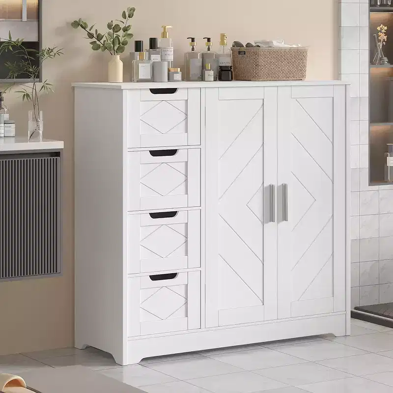 VECELO Bathroom Storage Cabinet, Freestanding Floor Cabinet with 3/4 Drawers & 2 Adjustable Shelves, White