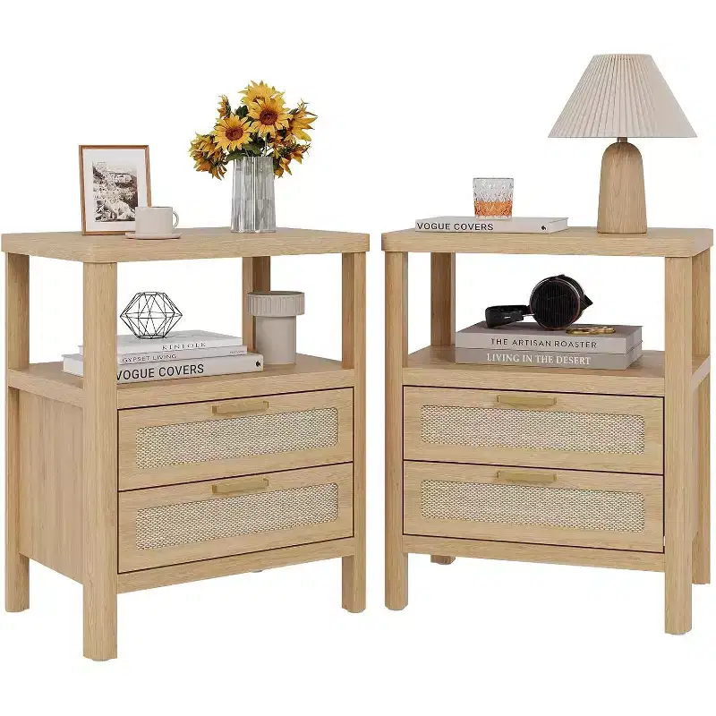 Rattan Nightstands Set of 2, Large Nightstands with Drawers and Storage Shelf, Farmhouse Bedside Table for Bedroom Living Room, Natural