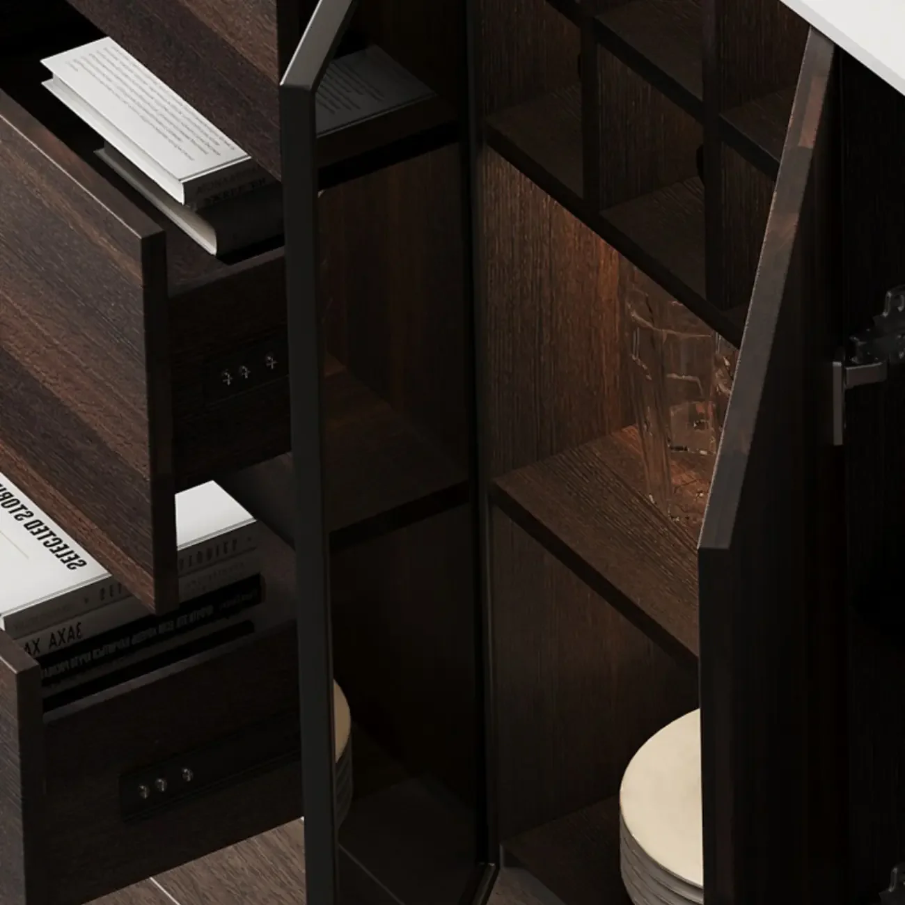 Glam Walnut Wooden Sideboard with Drawers & Cabinets