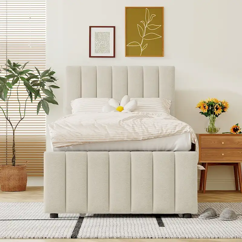 Linen Fabric Upholstered Platform Bed with Stripe Headboard & Footboard, Pull-out Trundle Bed & 3 Drawers, Wood Panel Bed