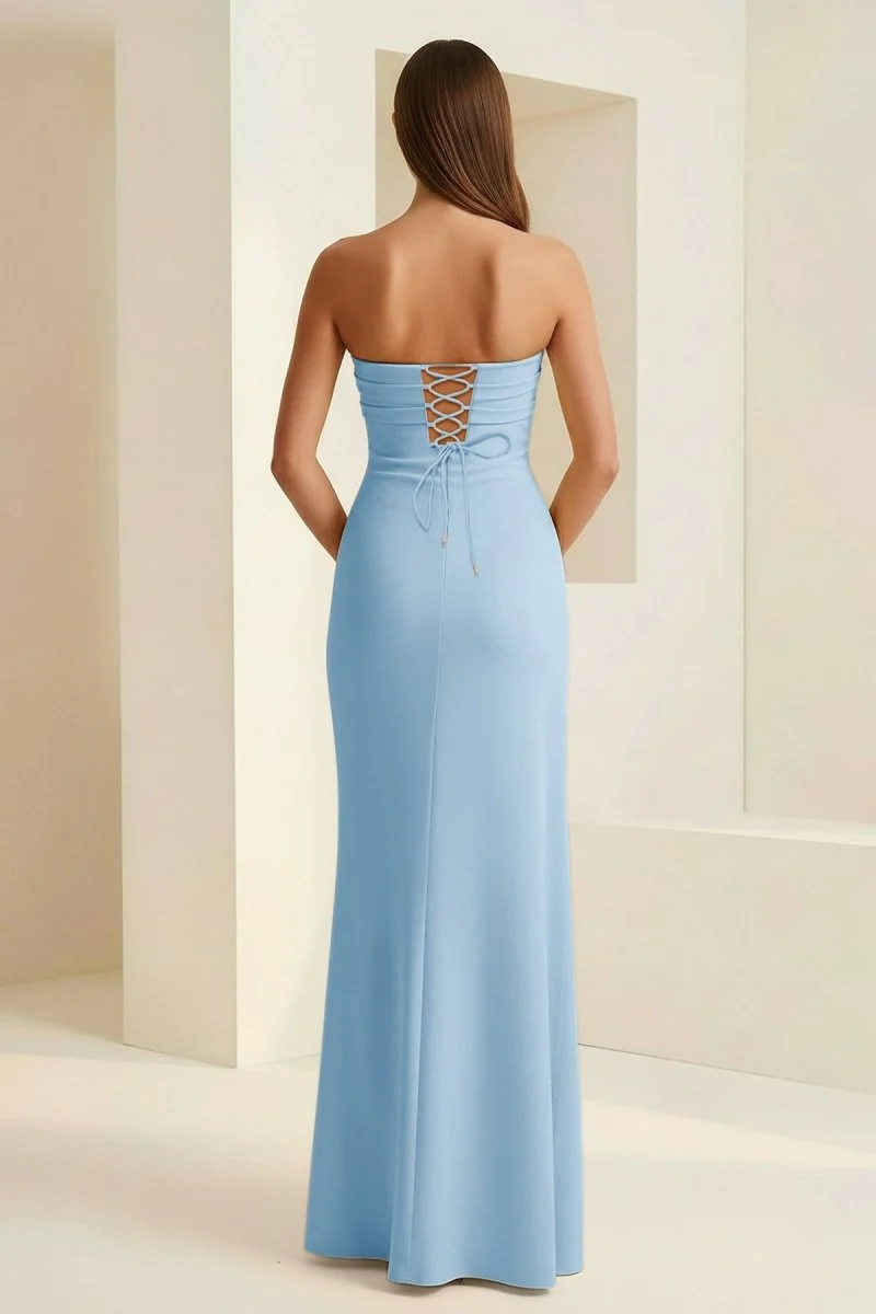 Sky Blue - Mermaid Strapless Satin Pleated Long Prom Dress with Slit