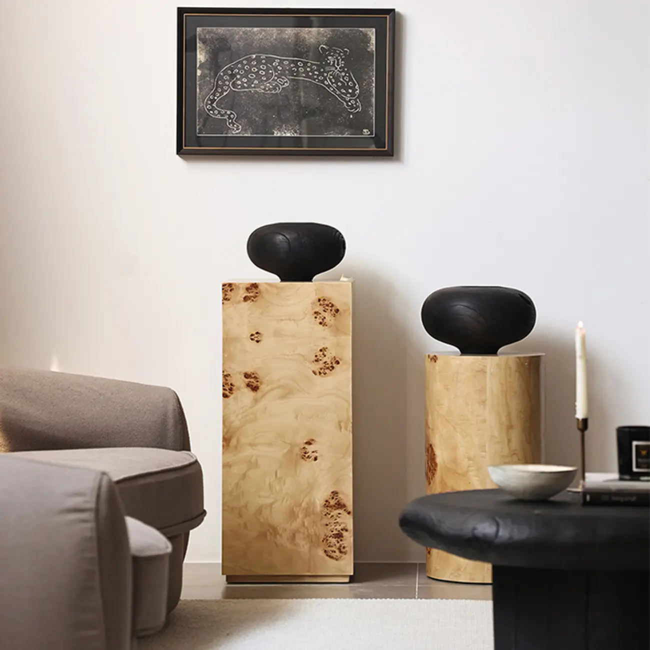 Light Wood Cylinder Sofa Side Table with Block Base