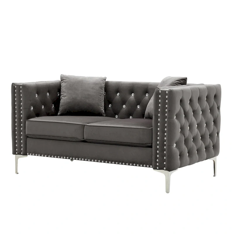 Square Arm Velvet Loveseat with Jeweled buttons and 2 Pillows