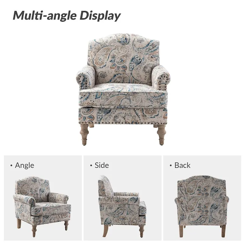 Grey/Navy Farmhouse Nailhead Camelback Armchair, 1-Person