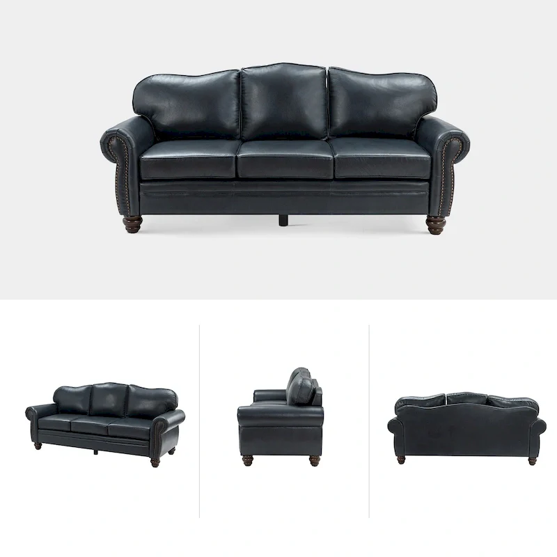 Balvino 81 Wide Transitional Genuine Leather Rolled Arm Sofa with Nailhead Trim and Removable Cushions