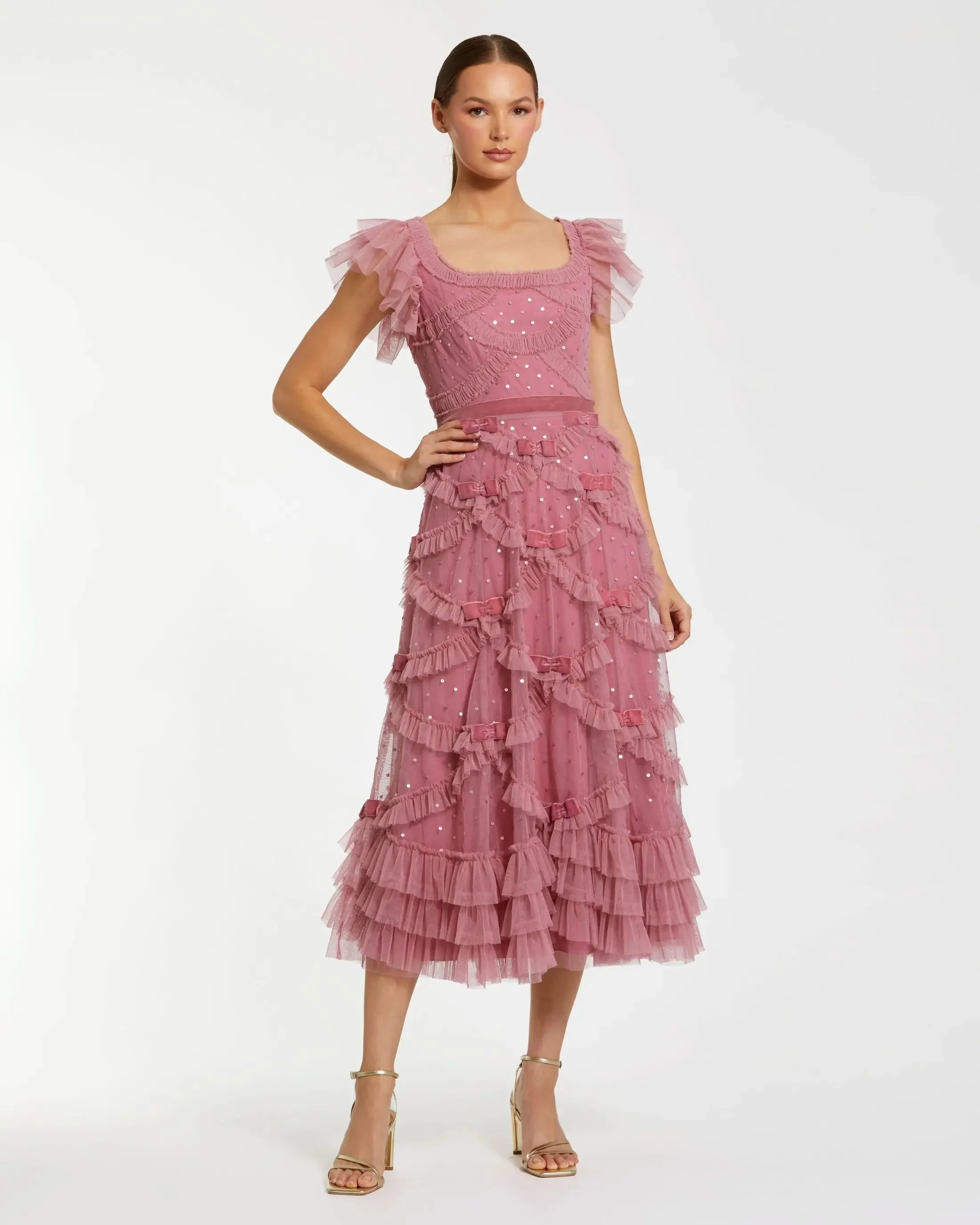 Pink Dot Net Sequin Ruffle Midi Dress