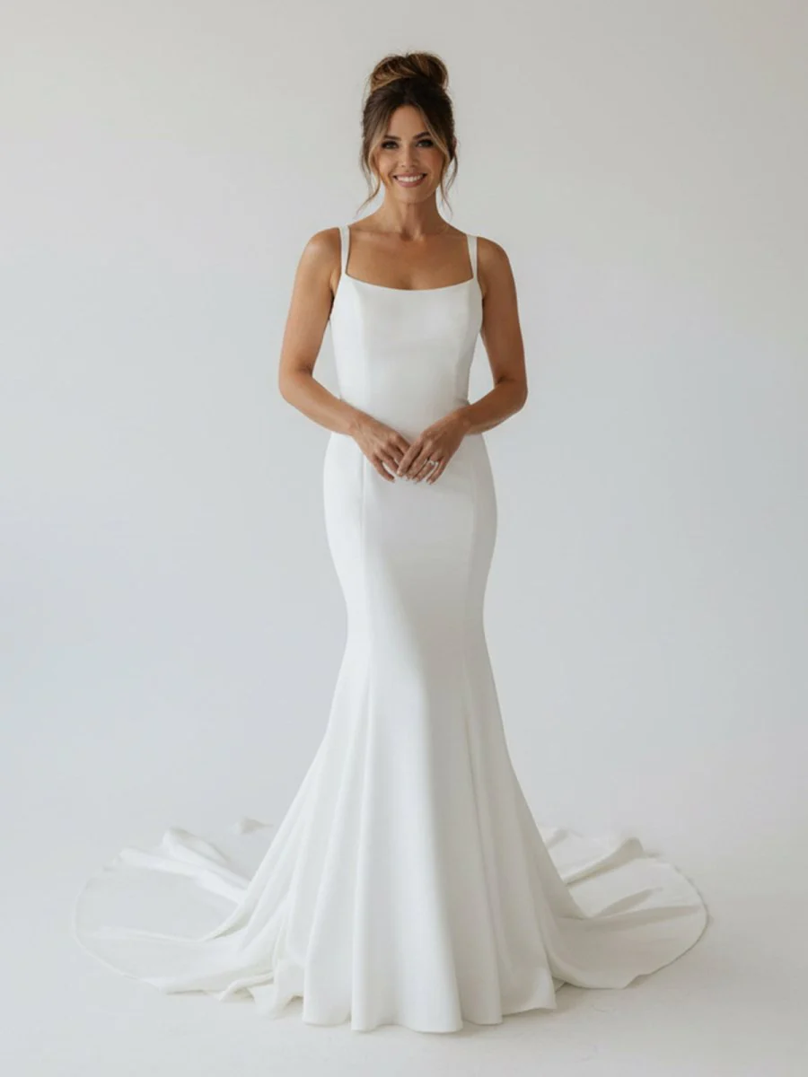 Simple Mermaid Scoop Neck Backless Satin Wedding Dresses
