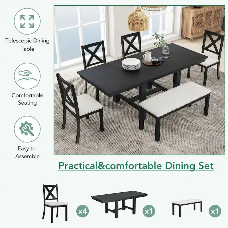 Farmhouse 6-Piece Wooden Dining Table Set with Extendable Table & 4 Chairs