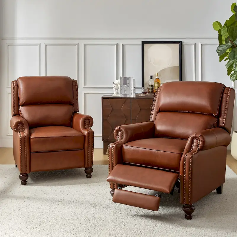 Gabriela Mid-Century Modern Genuine Leather Recliner Nail Head Trim Set of 2 by HULALA HOME
