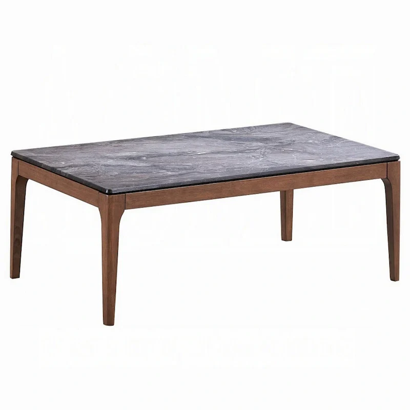 Coffee Table, Rectangular 47 Inch Gray Engineered Stone Top, Walnut Brown Wood Base