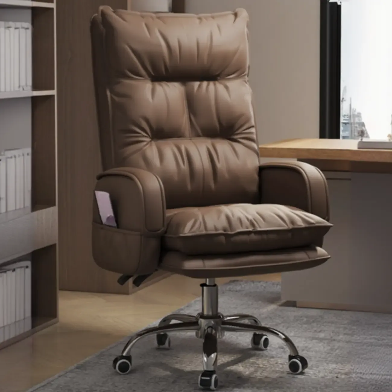 Adjustable Leather Coffee Lumbar Support Swivel Office Chair