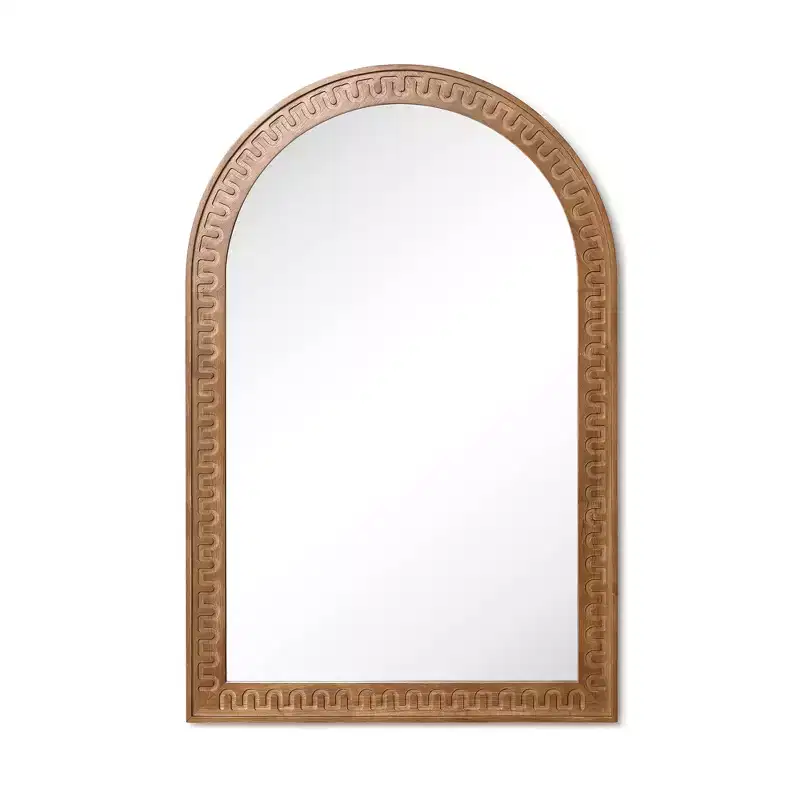 LuxenHome Arched Wall Mirror with Carved Rubberwood Frame, 39.4 H x 28.8 W Modern Farmhouse Accent Mirror Brown