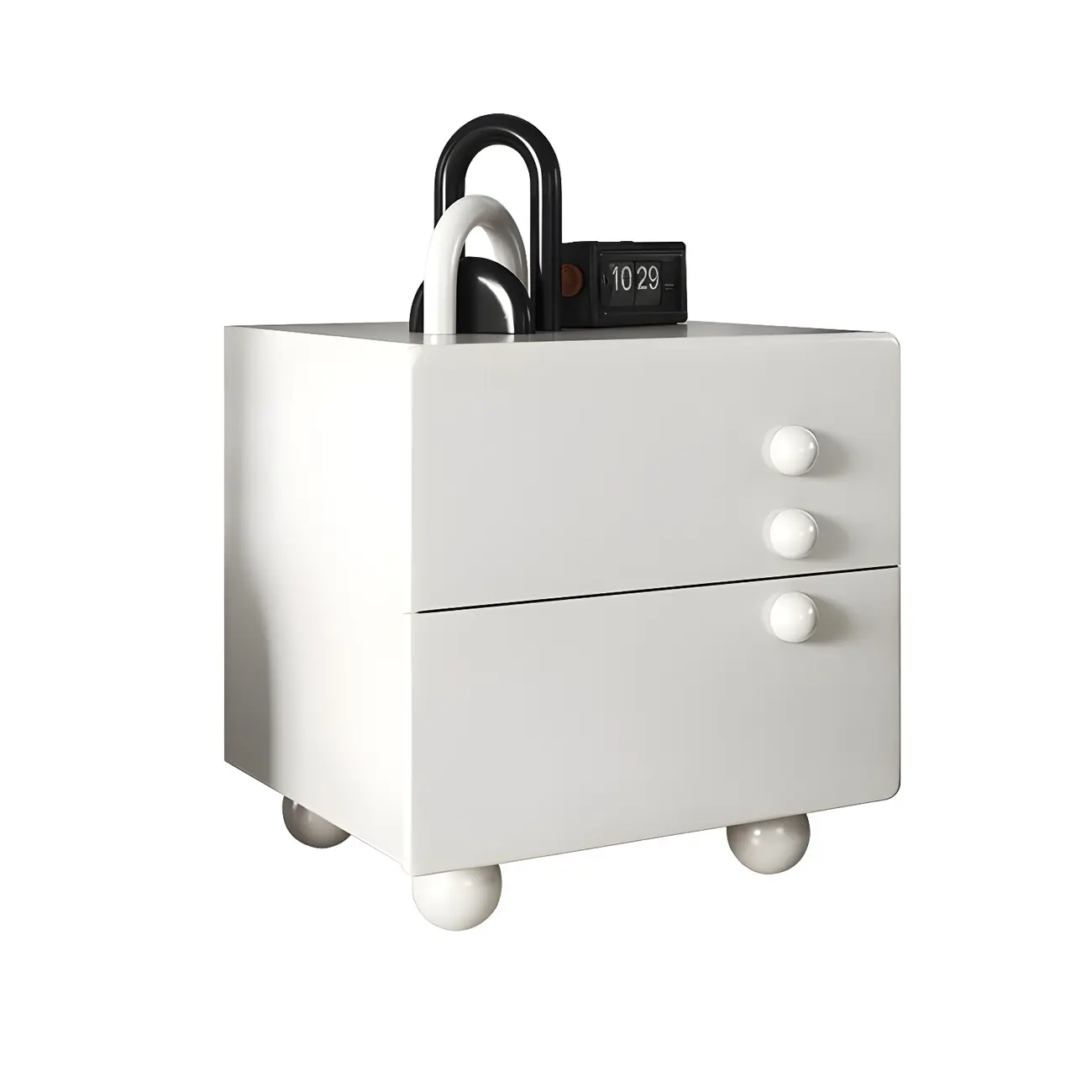 White Wood High-Gloss 2-Drawer Nightstand with Sphere Legs