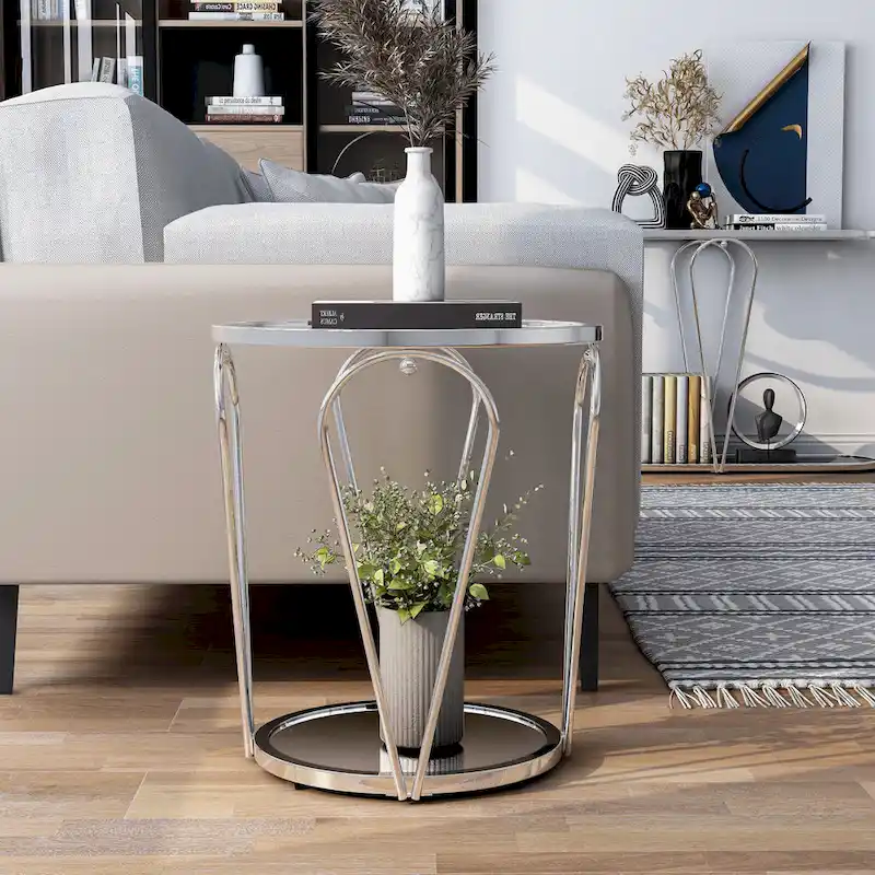Glass Top Metal End Table with Mirror Shelf – Grey / Chrome
