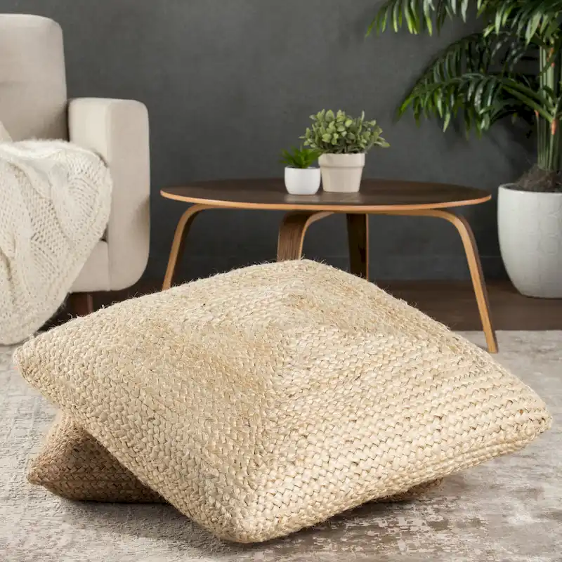 Gray / Blue / Light Gray / Tan / Ivory / Light Pink Braided Jute Square Floor Cushion Pouf – 1-Seater