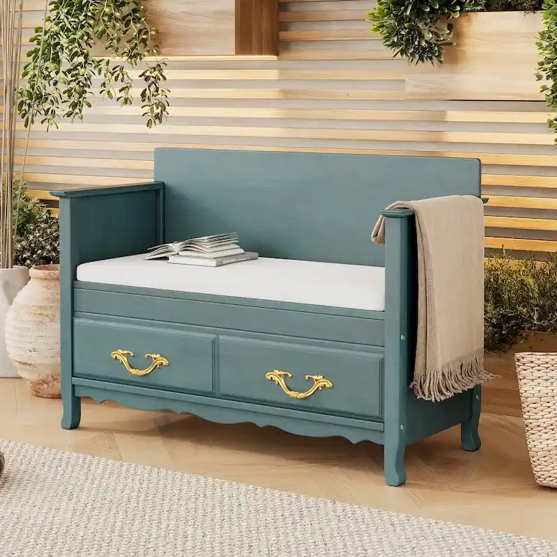 Antique Turquoise / Navy / Espresso Storage Bench with Cushion & Gas Spring Lid – Single