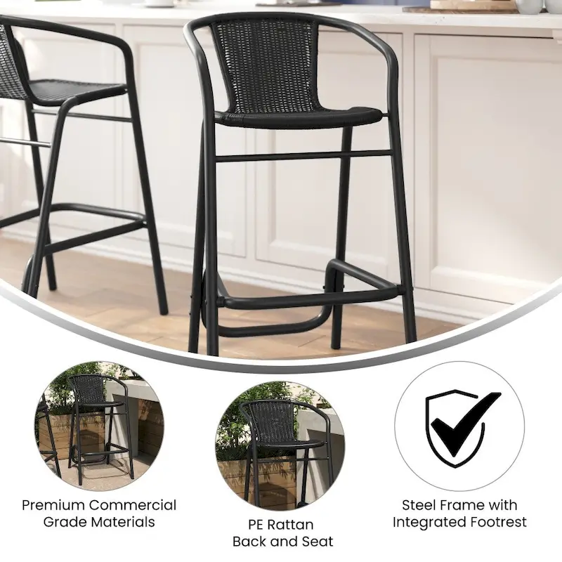 Commercial Indoor-Outdoor Rattan Restaurant Barstool with Aluminum Frame - N/A