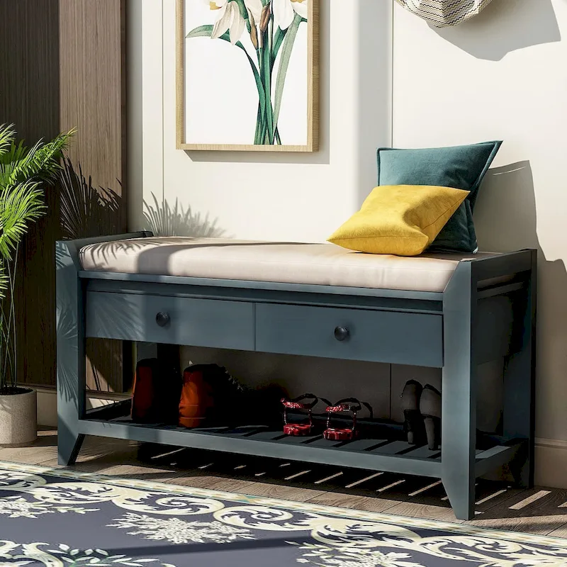 Old Pine/Antique Navy Pine & MDF Entryway Storage Bench with Cushion, 2 Drawers & Grid Shoe Rack