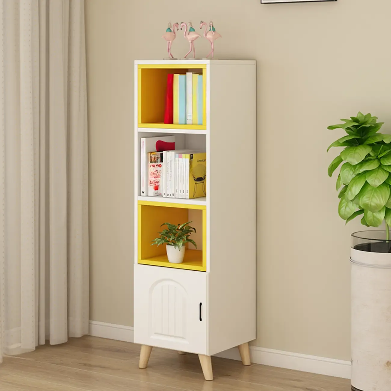 Wood 3-Tier White and Yellow Cube Bookcase with Cabinet