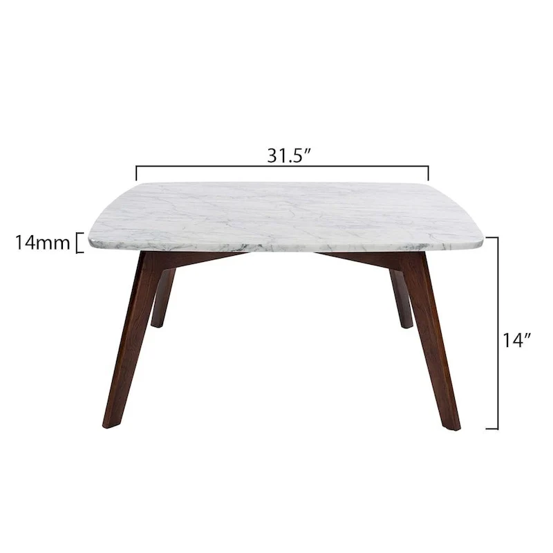 Square Marble Top Coffee Table with Elm Wood Legs – White & Walnut, Mid-Century Modern Style