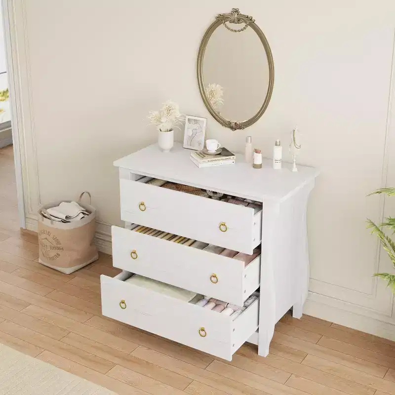 White 3-Drawer Dresser, Curved Legs, Boho Style, Single