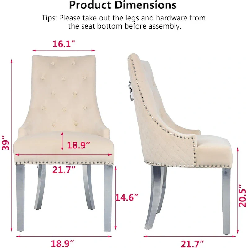 Velvet Dining Chairs Set of 2, Upholstered Tufted Nailhead Dining Room Chairs with Stainless Steel Legs & Lion Head Pull Ring