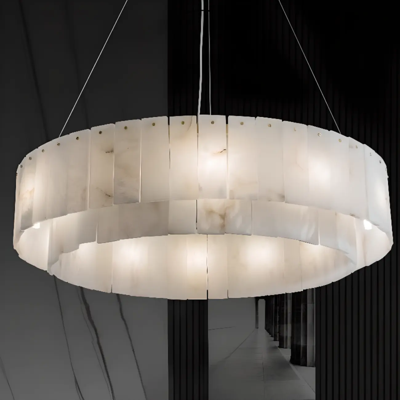 2-Tiers White Metal Circle Alabaster Drum Chandelier