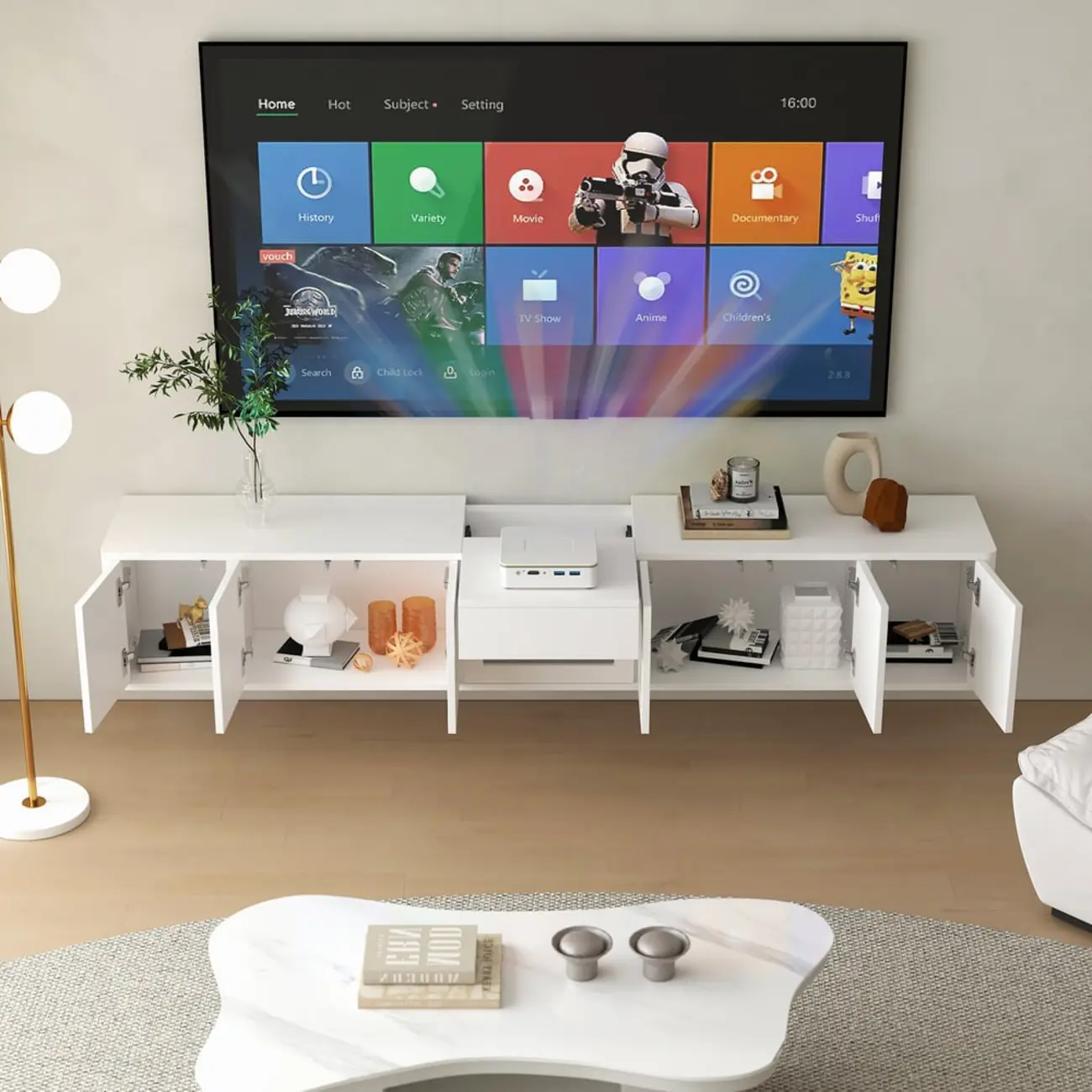 Modern Long Floating White TV Stand with Drawers
