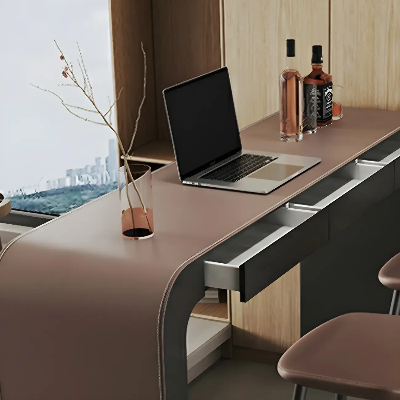 Modern Brown Leather Wooden Curved Bar Tables with 3 Drawers