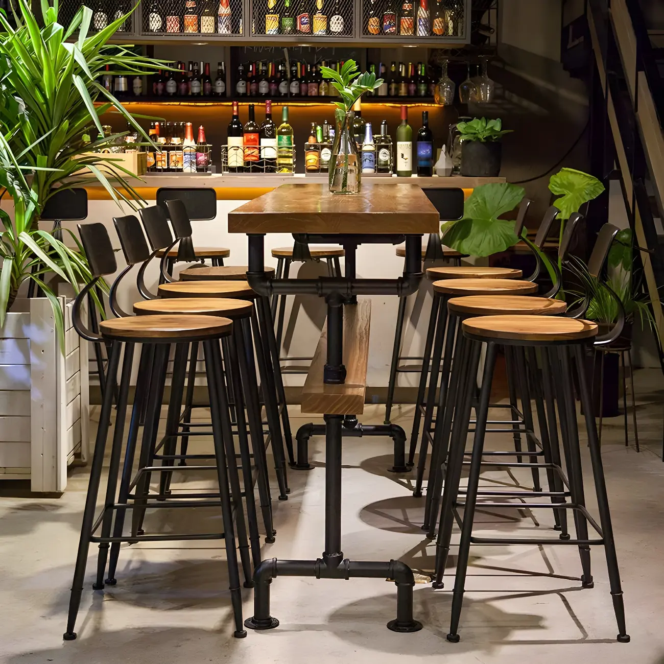 Rectangular Brown Pine Wood Bar Table with Footrest