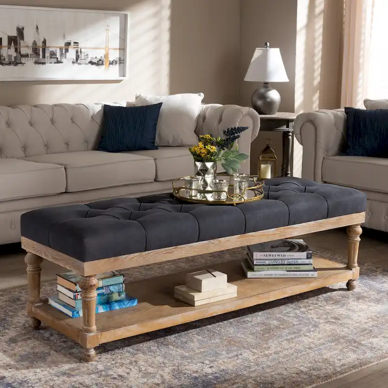 Grey / Charcoal Rustic Button-Tufted Storage Bench, 2-Seat