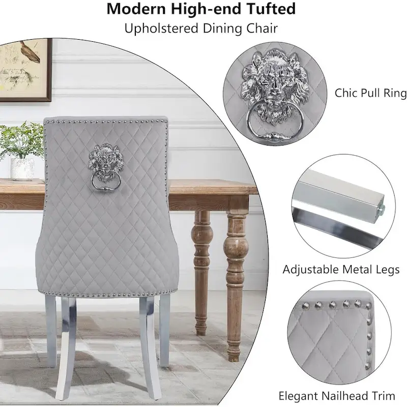 Velvet Dining Chairs Set of 2, Upholstered Tufted Nailhead Dining Room Chairs with Stainless Steel Legs & Lion Head Pull Ring