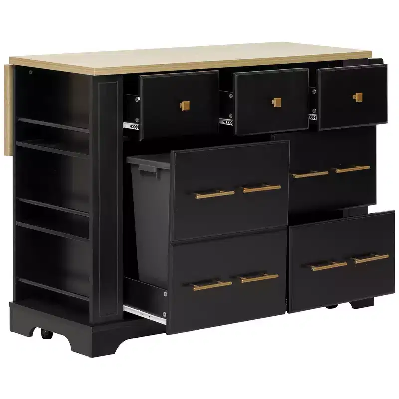 Whisen Kitchen Island with 6 Drawers, Pull - Out Trash, 5 Rolling Wheels, Drop Leaf & Racks
