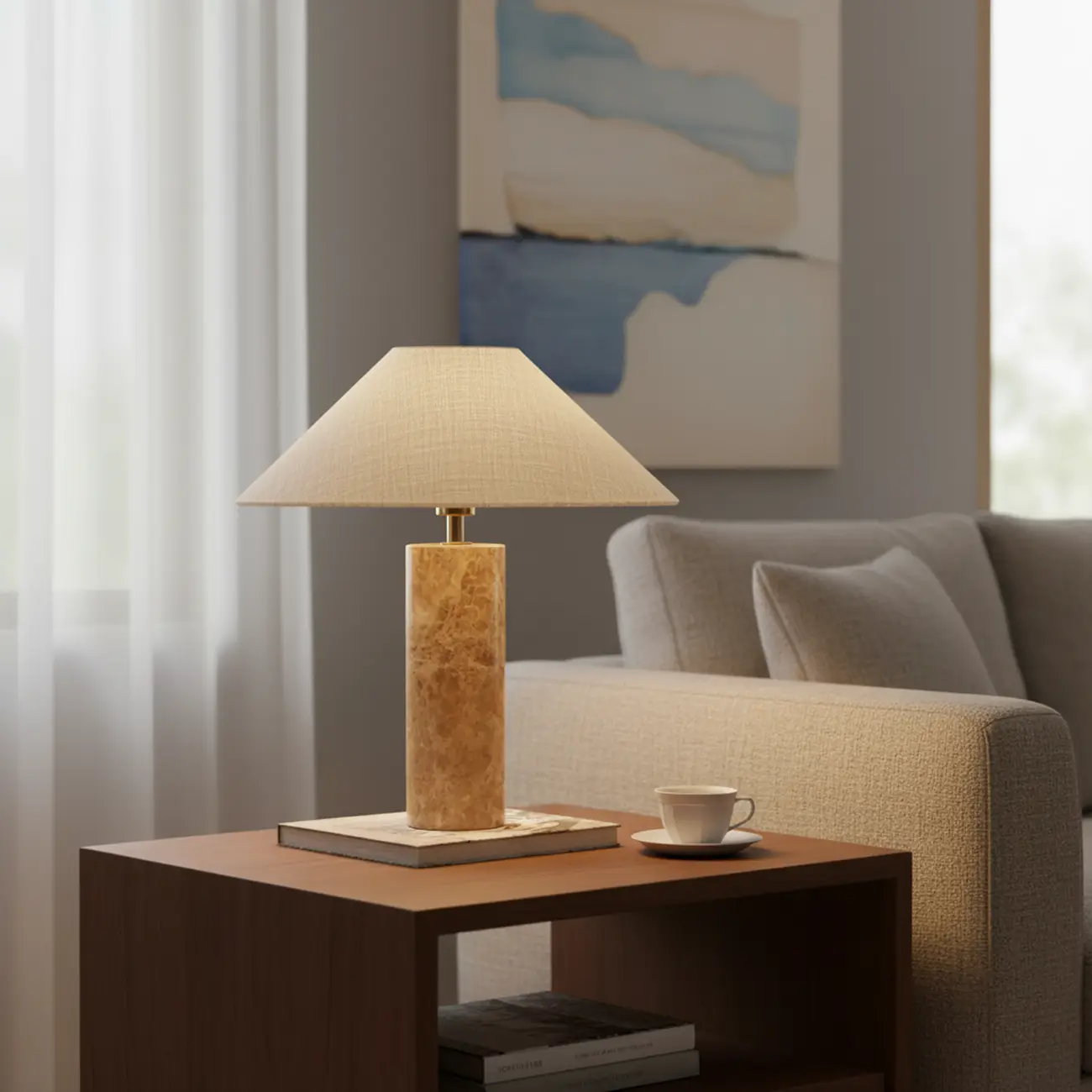 Elegant Beige Marble Base Table Lamp with Fabric Shade