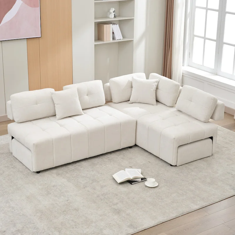 91.73 L-Shaped 4-Seat Sectional Sofa with 2 Hidden Stools, 2 Removable Lumbar Cushions, and Durable Chenille Fabric