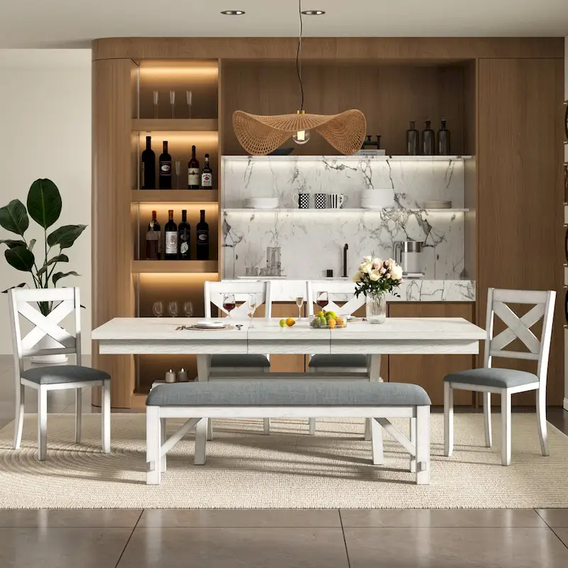 Dining Table with Bench, Solid Wood Rectangular Extendable Dining Table & 4 Solid Wood Dining Chairs