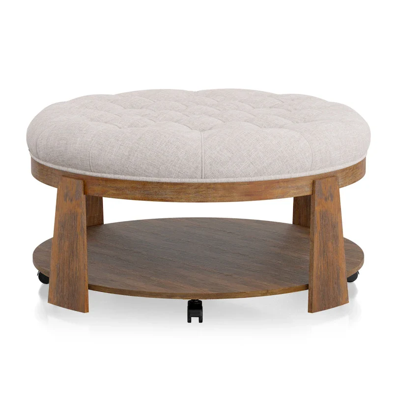 Geoffrey Transitional Round Natural Wood Open-Shelf Tufted Ottoman with Wheels by Furniture of America