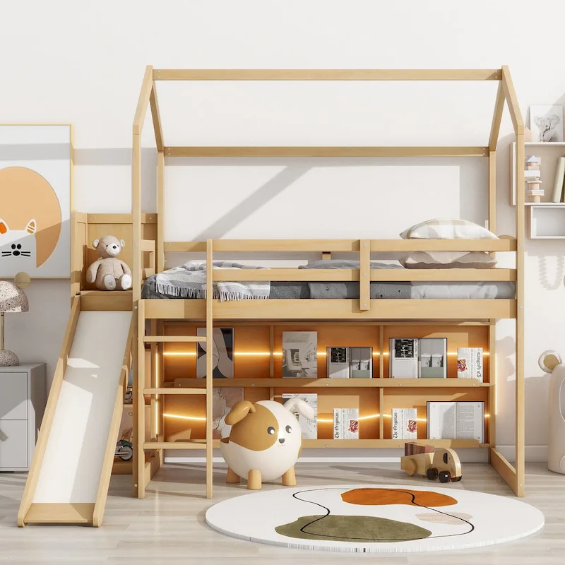 Twin Wood House Loft Bed with Slide