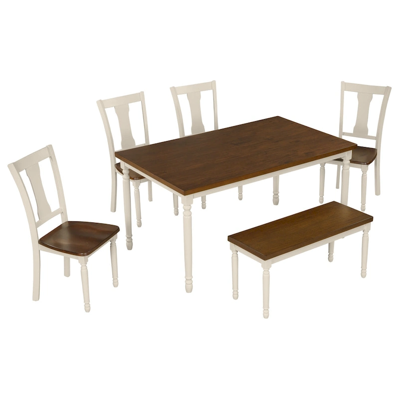 Classic 6-Piece Dining Set Wooden Table and 4 Chairs with Bench