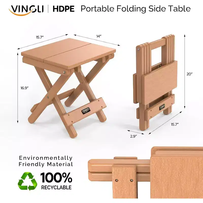 VINGLI Small HDPE Folding Side Table, Plastic Waterproof Portable Adirondack Coffee End Tables, Teak